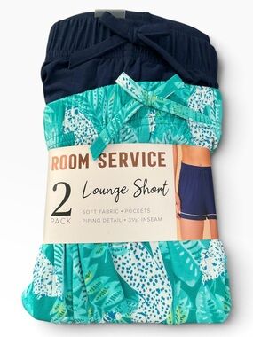 Room Service Women’s 2-Pack Lounge Shorts Navy & Teal Print Size XL NWT